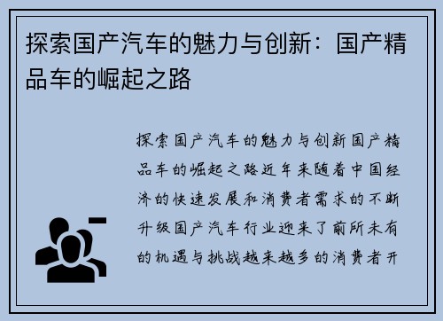 探索国产汽车的魅力与创新：国产精品车的崛起之路